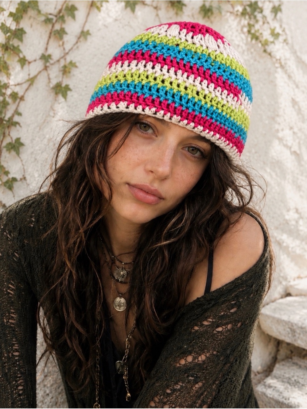 Handmade Crocheted Multicolor Chunky Boho Y2K Grunge Beanie Hat One Size